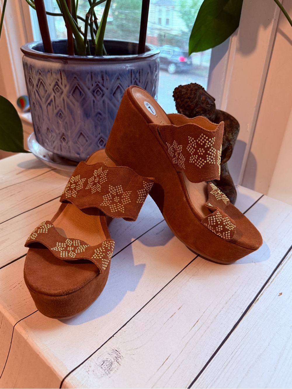 Jack Rogers | Brown Suede-Like Wedge Sandals with Gold Studs